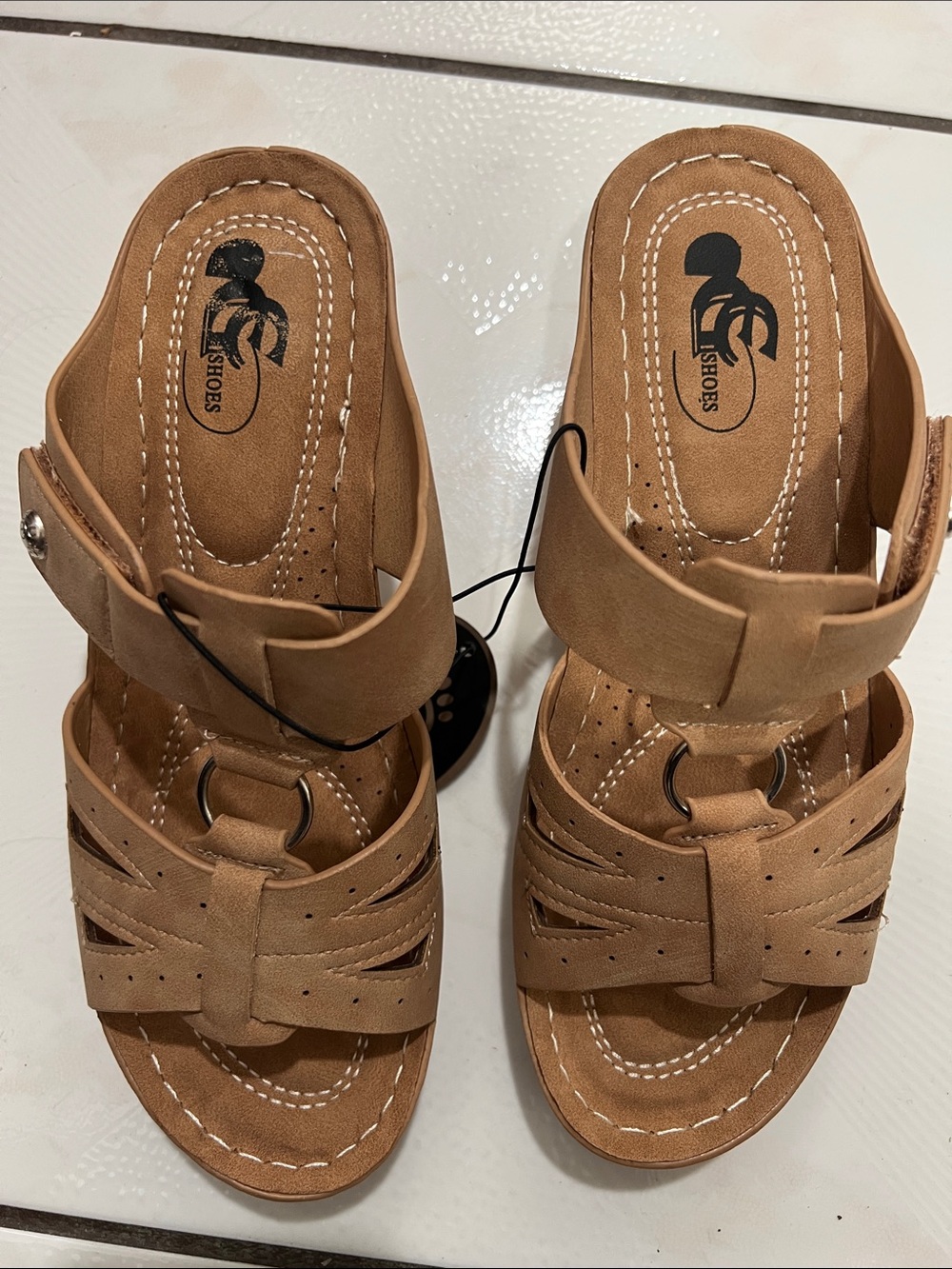 Tan Slide Sandals with Ring Detail